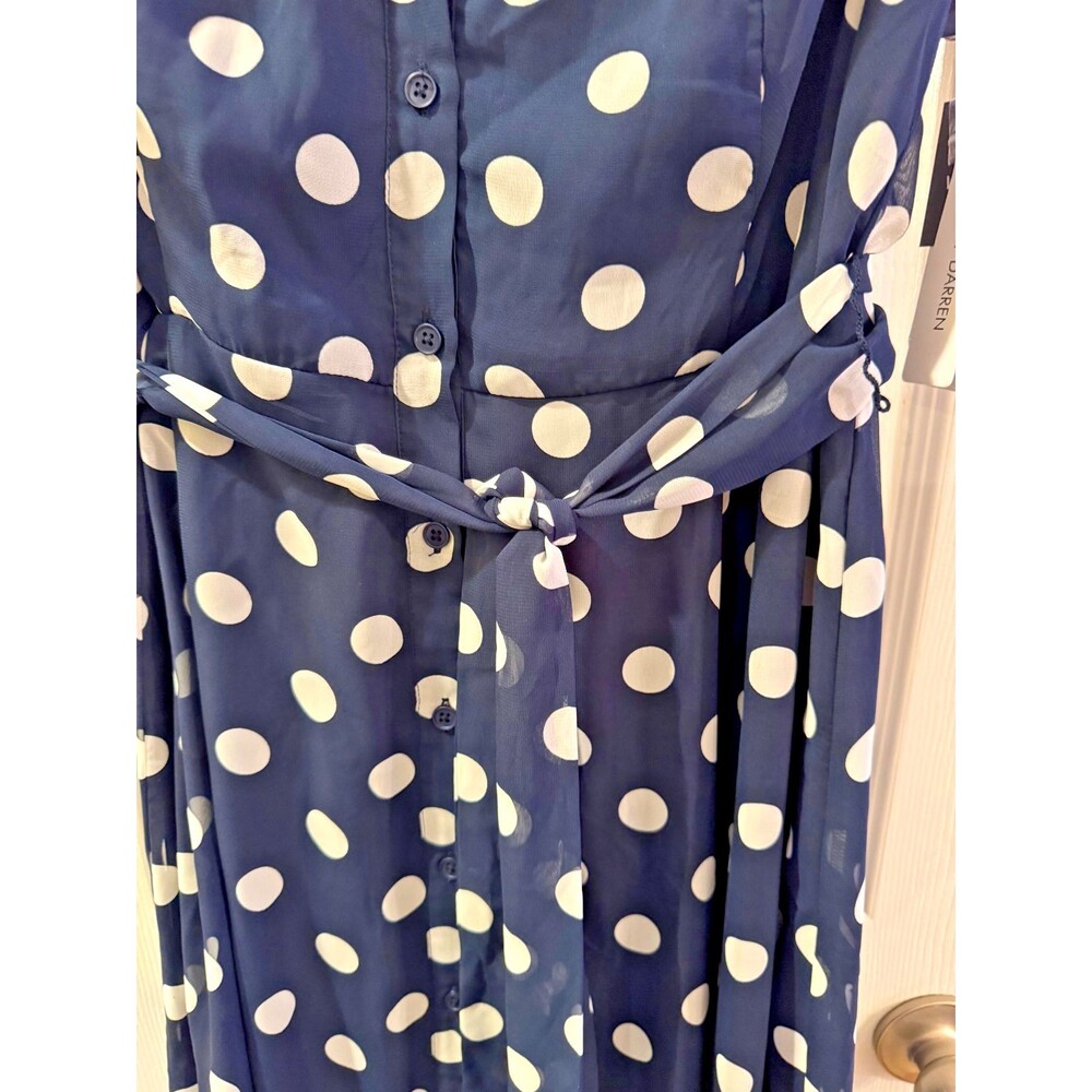 Sandra Darren Polka Dot Shirt Dress Navy Blue Midi Belted Button Front Sz L NWT - Picture 9 of 13